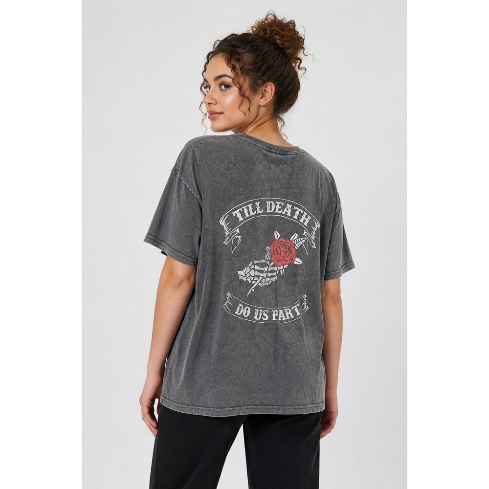 Nasty Gal Till Death Graphic Tee US 10/12 Gray Mineral Wash Skeleton Rose Goth